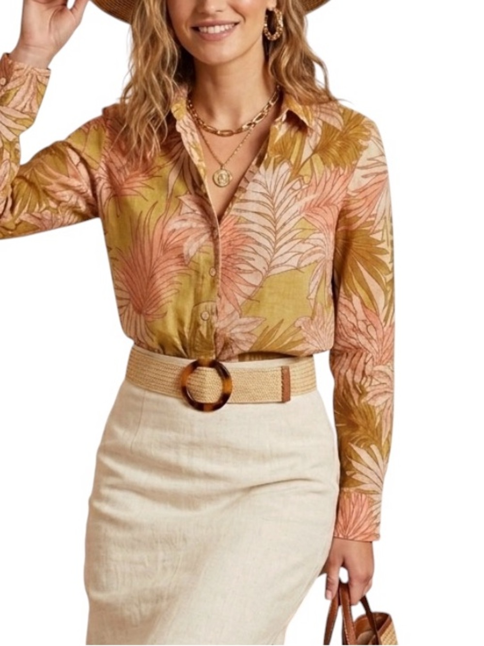 Tahari Women’s 100% Linen Tropical Palm Print Button-Down Shirt Sz M Resort Wear